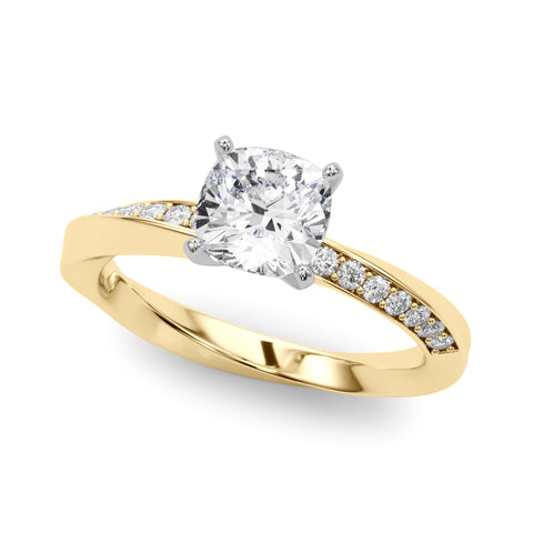 Yellow gold Cushion Solitaire Diamond Engagement Ring with Side Stone Accents and Four-Prong Setting