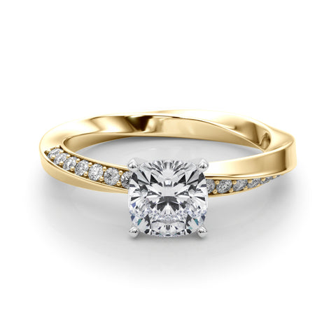 Yellow gold Cushion Solitaire Diamond Engagement Ring with Side Stone Accents and Four-Prong Setting