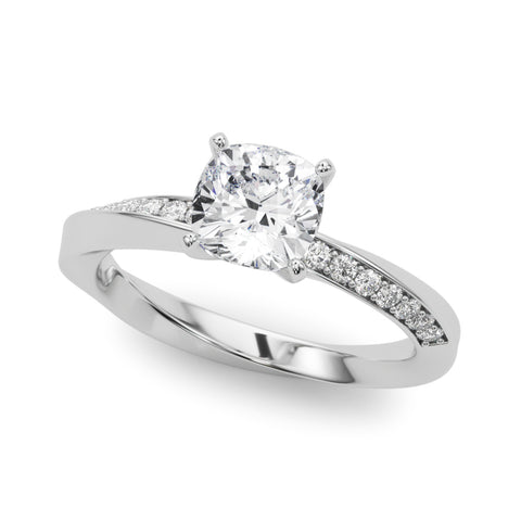 White gold Cushion Solitaire Diamond Engagement Ring with Side Stone Accents and Four-Prong Setting