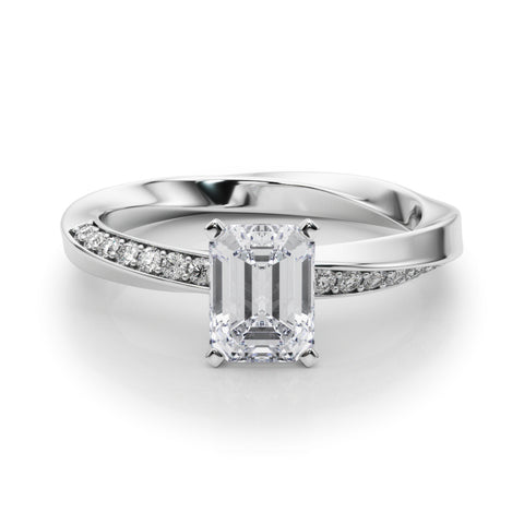 White gold Emerald Solitaire Diamond Engagement Ring with Side Stone Accents and Four-Prong Setting