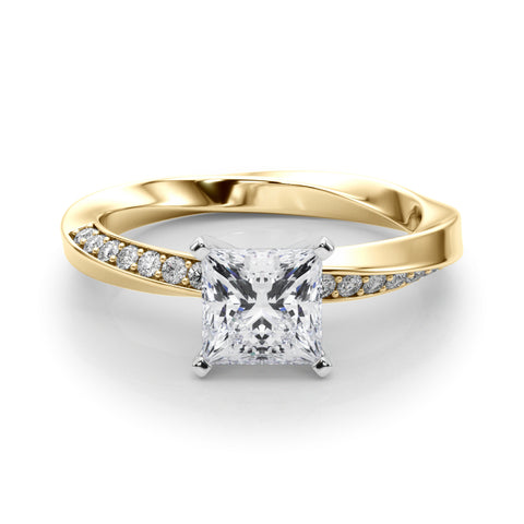 Yellow gold Princess Solitaire Diamond Engagement Ring with Side Stone Accents and Four-Prong Setting