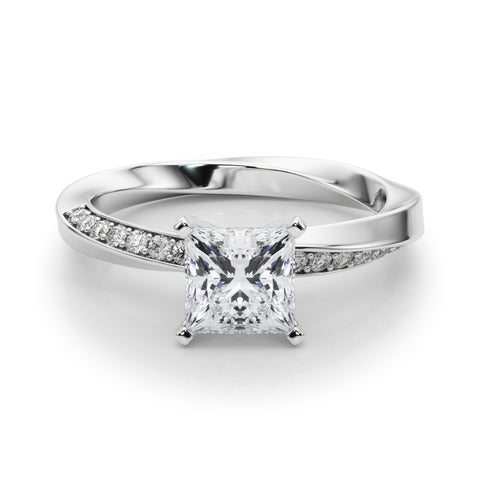 White gold Princess Solitaire Diamond Engagement Ring with Side Stone Accents and Four-Prong Setting