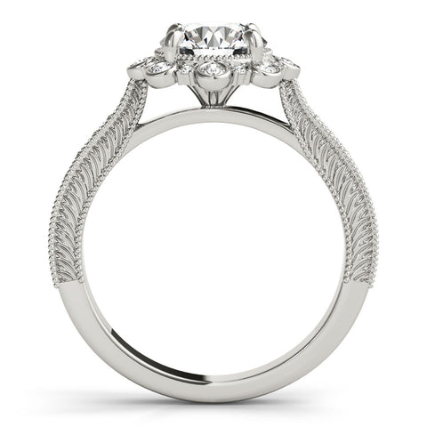 White gold Round Halo Milgrain Pave Diamond Ring with Four-Prong Setting