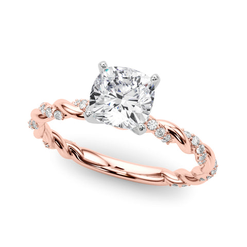 Rose gold Cushion Solitaire Twisted Band with Pavé Accents and Four-Prong Setting