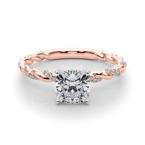 Rose gold Cushion Solitaire Twisted Band with Pavé Accents and Four-Prong Setting