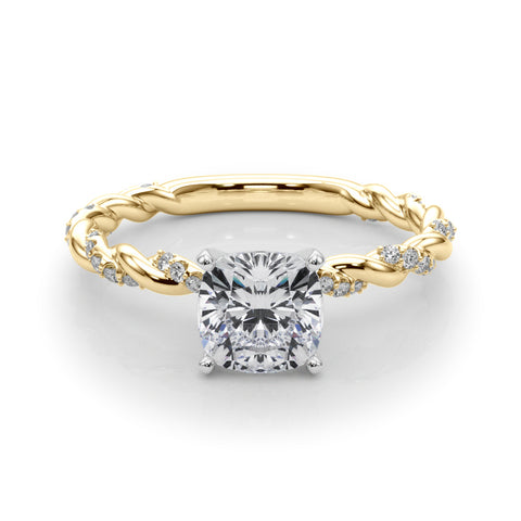 Yellow gold Cushion Solitaire Twisted Band with Pavé Accents and Four-Prong Setting