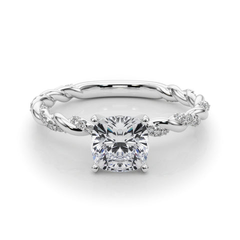 White gold Cushion Solitaire Twisted Band with Pavé Accents and Four-Prong Setting