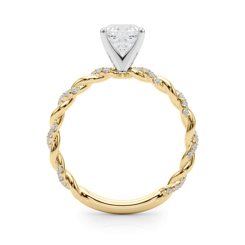 Yellow gold Cushion Solitaire Twisted Band with Pavé Accents and Four-Prong Setting