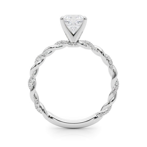 White gold Cushion Solitaire Twisted Band with Pavé Accents and Four-Prong Setting