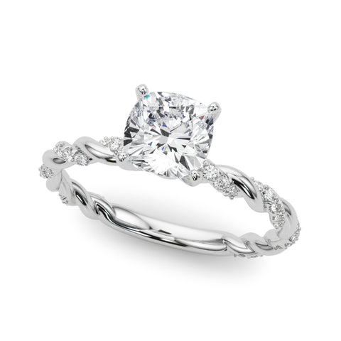 White gold Cushion Solitaire Twisted Band with Pavé Accents and Four-Prong Setting