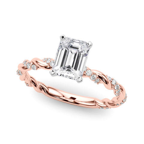 Rose gold Emerald Solitaire Twisted Band with Pavé Accents and Four-Prong Setting