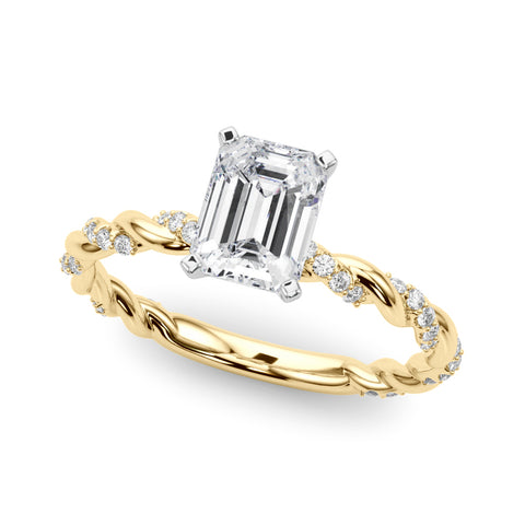 Yellow gold Emerald Solitaire Twisted Band with Pavé Accents and Four-Prong Setting