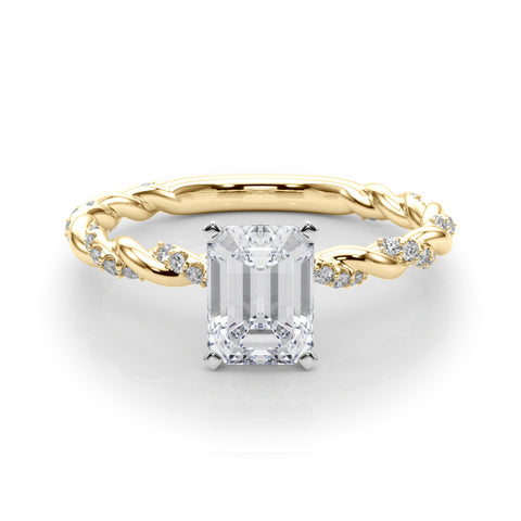 Yellow gold Emerald Solitaire Twisted Band with Pavé Accents and Four-Prong Setting