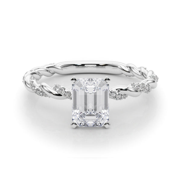 14K White Gold 1.08 Carat D VVS2 Emerald Solitaire Twisted Band with Pavé Accents and Four-Prong Setting