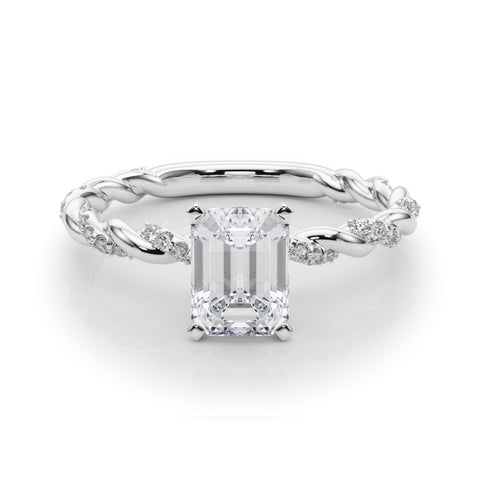 White gold Emerald Solitaire Twisted Band with Pavé Accents and Four-Prong Setting