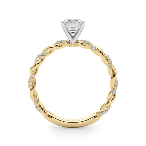 Yellow gold Emerald Solitaire Twisted Band with Pavé Accents and Four-Prong Setting