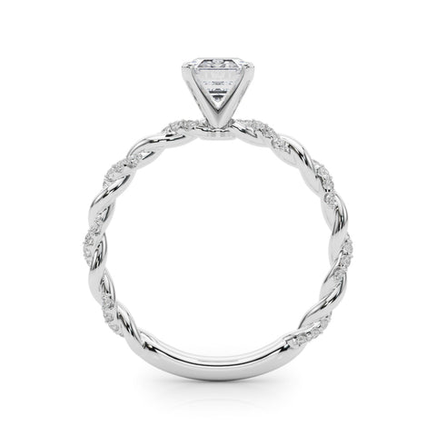 White gold Emerald Solitaire Twisted Band with Pavé Accents and Four-Prong Setting