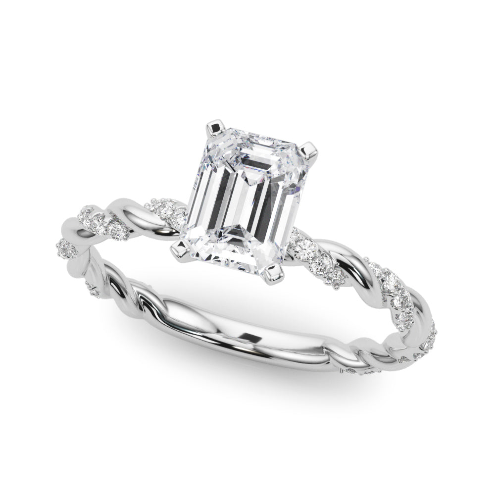 14K White Gold 1.08 Carat D VVS2 Emerald Solitaire Twisted Band with Pavé Accents and Four-Prong Setting