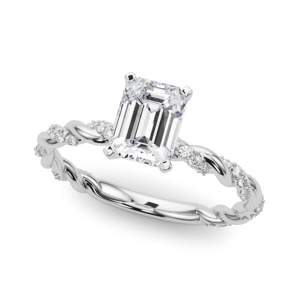 14K White Gold 1.08 Carat D VVS2 Emerald Solitaire Twisted Band with Pavé Accents and Four-Prong Setting