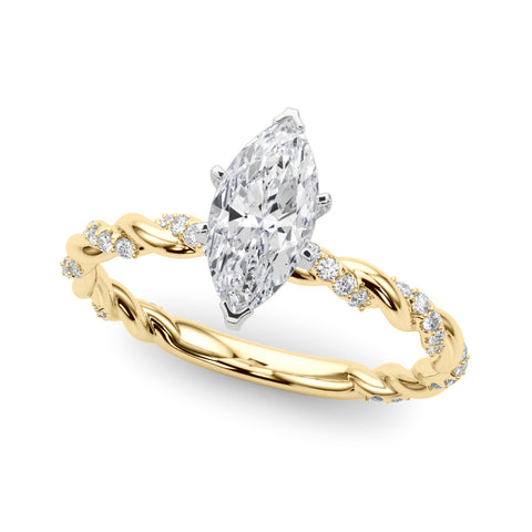 Yellow gold Marquise Solitaire Twisted Band with Pavé Accents and Four-Prong Setting