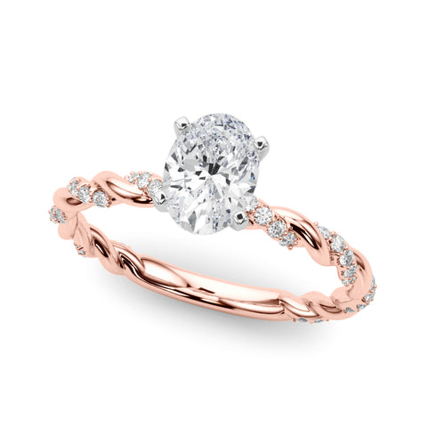 Rose gold Oval Solitaire Twisted Band with Pavé Accents and Four-Prong Setting