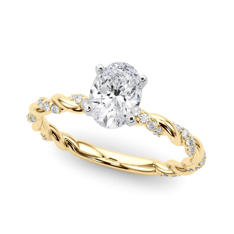 Yellow gold Oval Solitaire Twisted Band with Pavé Accents and Four-Prong Setting