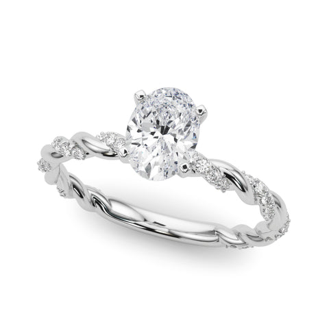 White gold Oval Solitaire Twisted Band with Pavé Accents and Four-Prong Setting