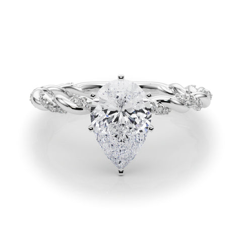 White gold Pear Solitaire Twisted Band with Pavé Accents and Four-Prong Setting