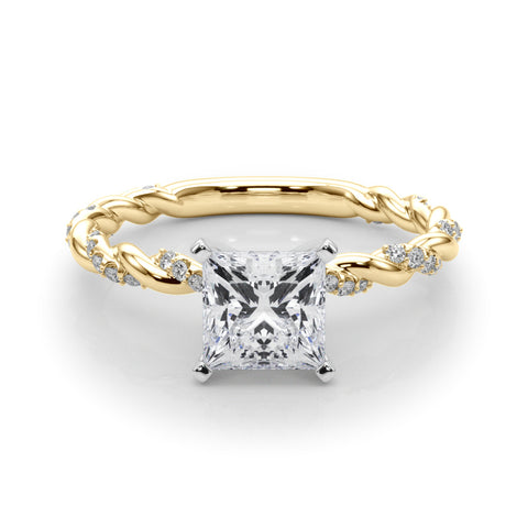 Yellow gold Princess Solitaire Twisted Band with Pavé Accents and Four-Prong Setting