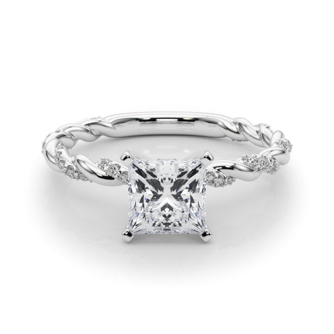 White gold Princess Solitaire Twisted Band with Pavé Accents and Four-Prong Setting