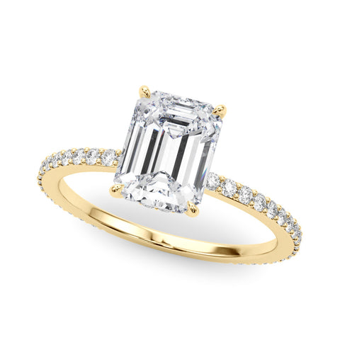 Yellow gold Emerald Cut Diamond Ring with Pavé Band and Four-Prong Setting