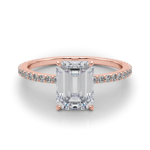 Rose gold Emerald Cut Diamond Ring with Pavé Band and Four-Prong Setting