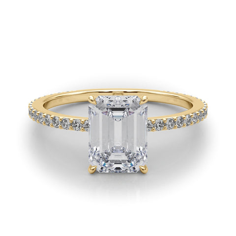Yellow gold Emerald Cut Diamond Ring with Pavé Band and Four-Prong Setting