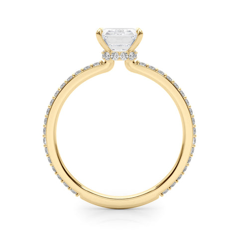 Yellow gold Emerald Cut Diamond Ring with Pavé Band and Four-Prong Setting