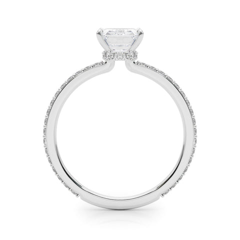 White gold Emerald Cut Diamond Ring with Pavé Band and Four-Prong Setting