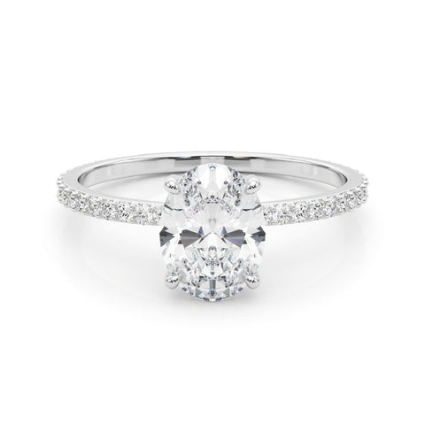 White gold Oval Solitaire Diamond Ring with Pavé Band and Four-Prong Setting
