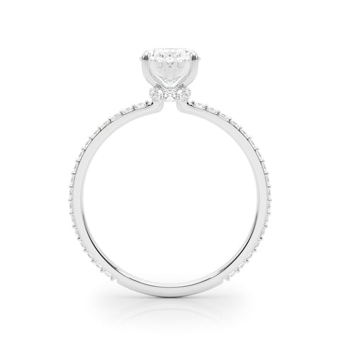 White gold Oval Solitaire Diamond Ring with Pavé Band and Four-Prong Setting