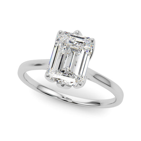 White gold Emerald Cut Solitaire Diamond Ring with Four-Prong Setting and Classic Band