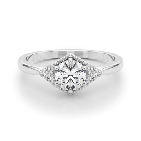 White gold Hexagonal Halo Round Diamond Solitaire with Pavé Band and Four-Prong Setting