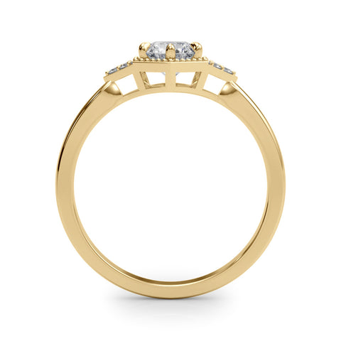 Yellow gold Hexagonal Halo Round Diamond Solitaire with Pavé Band and Four-Prong Setting