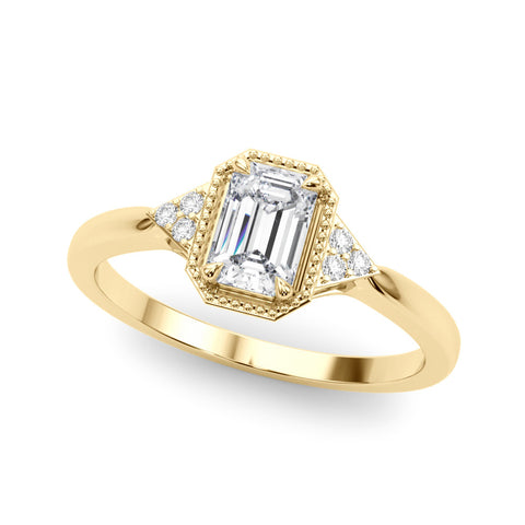 Yellow gold Milgrain Emerald Cut Diamond Ring with Tapered Pave Band and Four Prong Setting