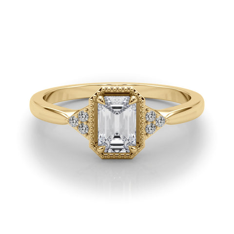 Yellow gold Milgrain Emerald Cut Diamond Ring with Tapered Pave Band and Four Prong Setting