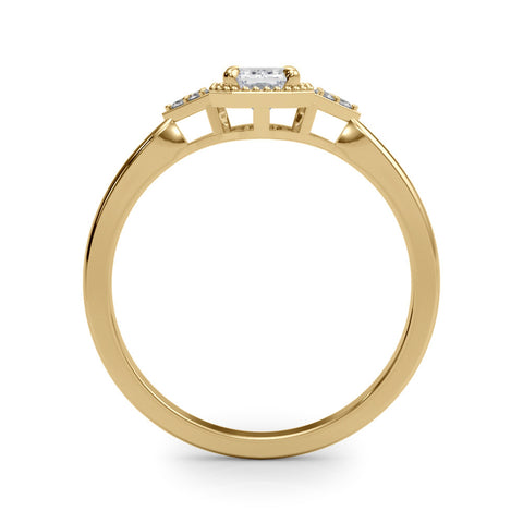 Yellow gold Milgrain Emerald Cut Diamond Ring with Tapered Pave Band and Four Prong Setting
