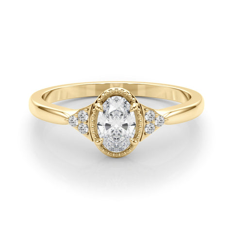 Yellow gold Oval Halo Diamond Ring with Tapered Band and Four-Prong Setting