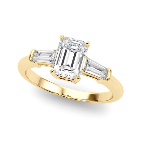 Yellow gold Emerald Cut Diamond Ring with Tapered Baguette Side Stones on a Platinum Band with Four-Prong Setting
