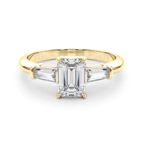 Yellow gold Emerald Cut Diamond Ring with Tapered Baguette Side Stones on a Platinum Band with Four-Prong Setting