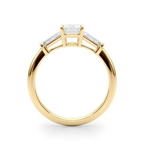 Yellow gold Emerald Cut Diamond Ring with Tapered Baguette Side Stones on a Platinum Band with Four-Prong Setting