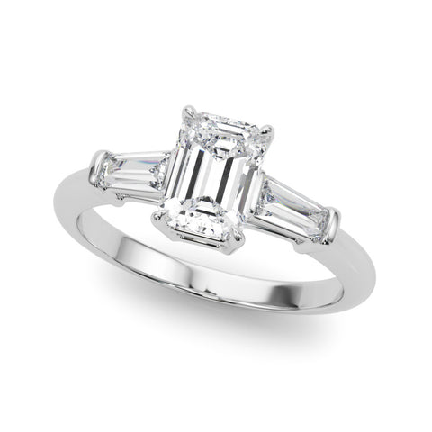 White gold Emerald Cut Diamond Ring with Tapered Baguette Side Stones on a Platinum Band with Four-Prong Setting