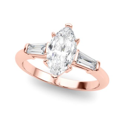 Rose gold Marquise Diamond Solitaire Ring with Tapered Baguette Side Stones and Six-Prong Setting