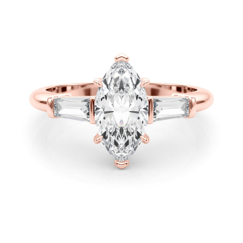 Rose gold Marquise Diamond Solitaire Ring with Tapered Baguette Side Stones and Six-Prong Setting